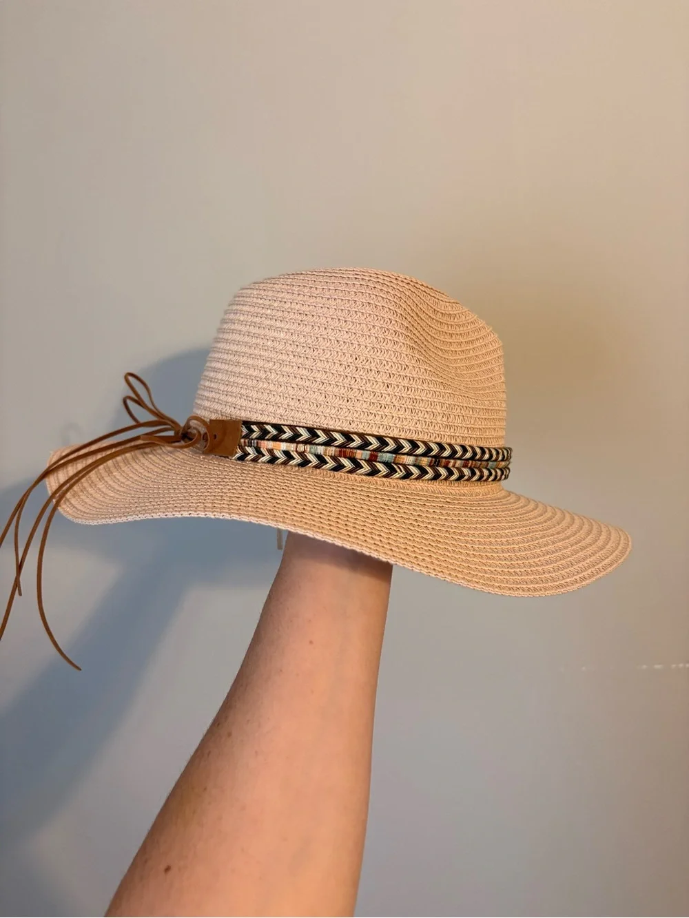 Beige Braided-Band Straw Sun Hat with Leather Tie